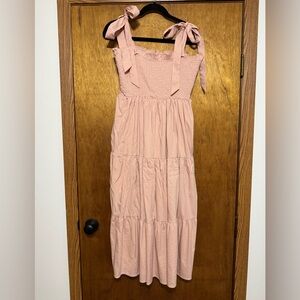 Pink Smocked Midi Dress with Straps